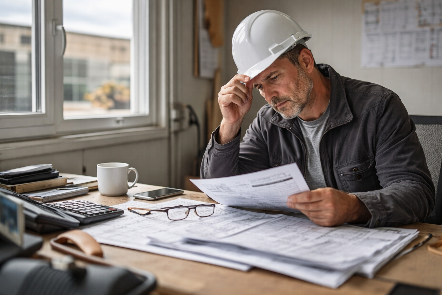 Unternehmer aus dem Baugewerbe prüft Unterlagen zu Absicherung und Haftungsrisiken