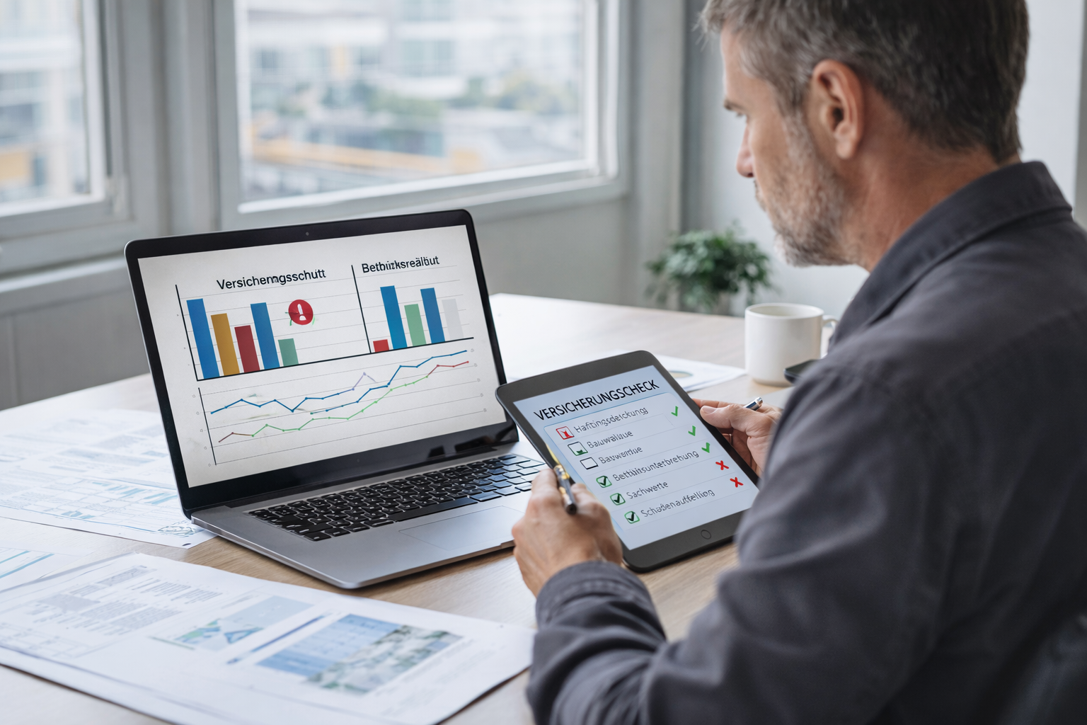 Bauunternehmer prüft am Laptop und Tablet, ob bestehender Versicherungsschutz zur heutigen Betriebsrealität passt.