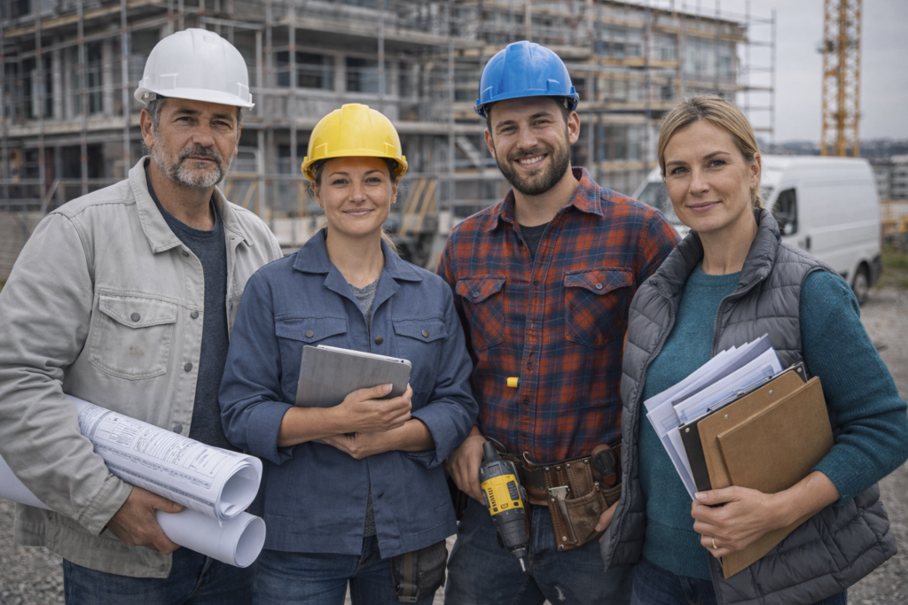 Gruppe aus Bauunternehmern und Handwerkern auf einer aktiven Baustelle – verschiedene Gewerke mit Bauplänen, Werkzeug und Schutzhelmen vor einem Rohbau.