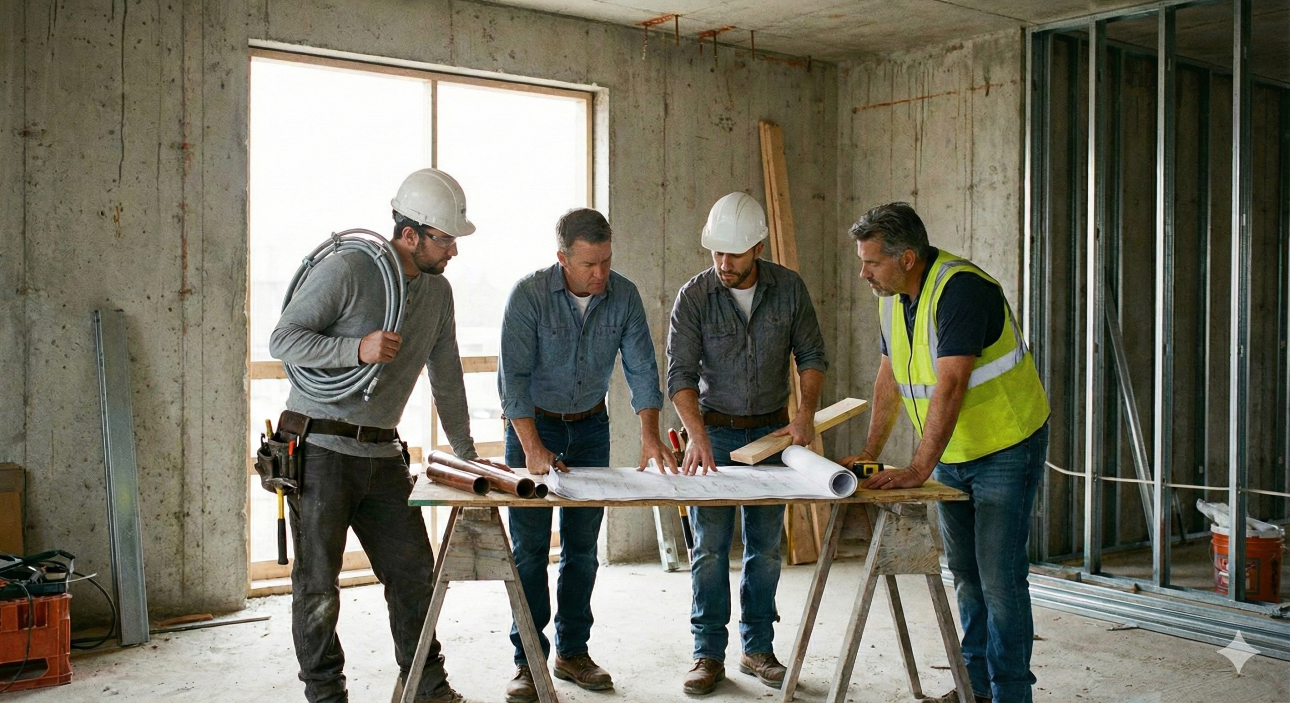 Bauunternehmer und Handwerker besprechen Baupläne auf einer Baustelle