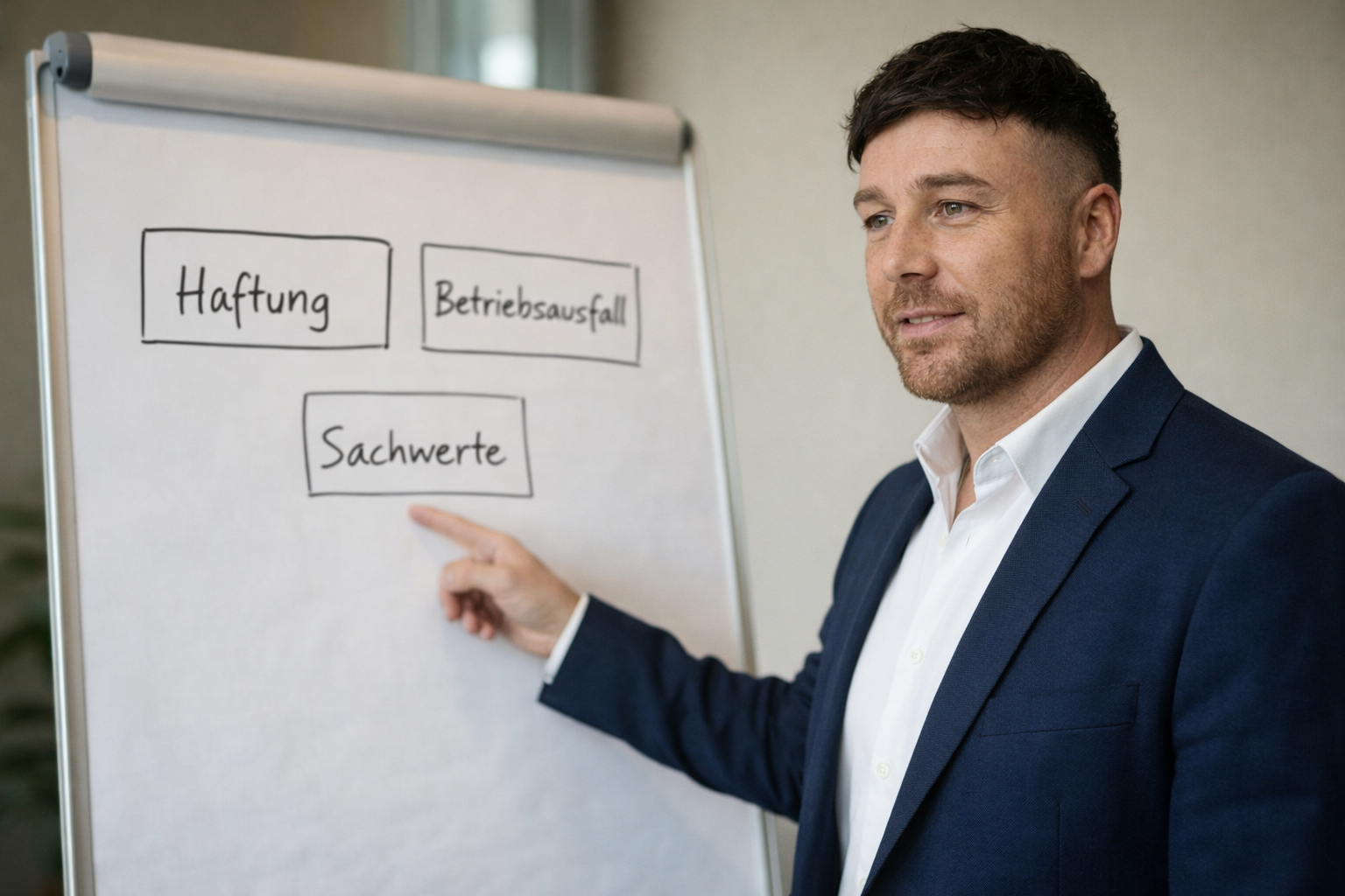 Versicherungsexperte erklärt zentrale Risiken für Bauunternehmen am Flipchart – Haftung, Betriebsausfall und Sachwerte im Fokus der Absicherung für Bau- und Handwerksbetriebe.